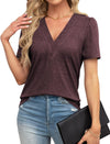 Short Sleeve Casual V-neck Solid Color Puff Sleeve Loose T-shirt Women's Top