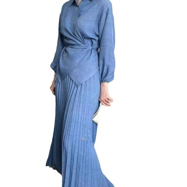 New Women's Muslim Style Elegant Fashion Pleated Skirt Tied Top