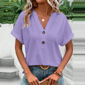 Women's Casual V-Neck Blouse Short Sleeve Loose Fit Button Front Solid Color Top