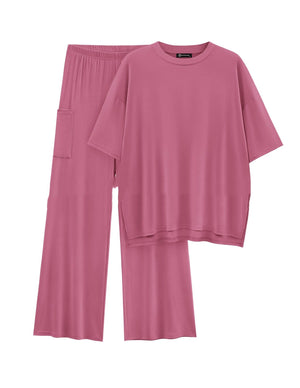 Casual Short Sleeve Pullover Top Wide Leg Pants Casual Suit