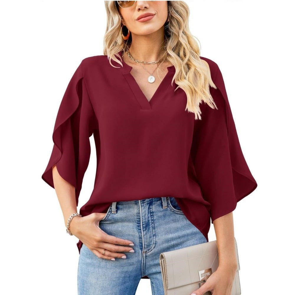 Summer New Women's Fashion Petal Sleeve Top Loose V-neck Chiffon Shirt