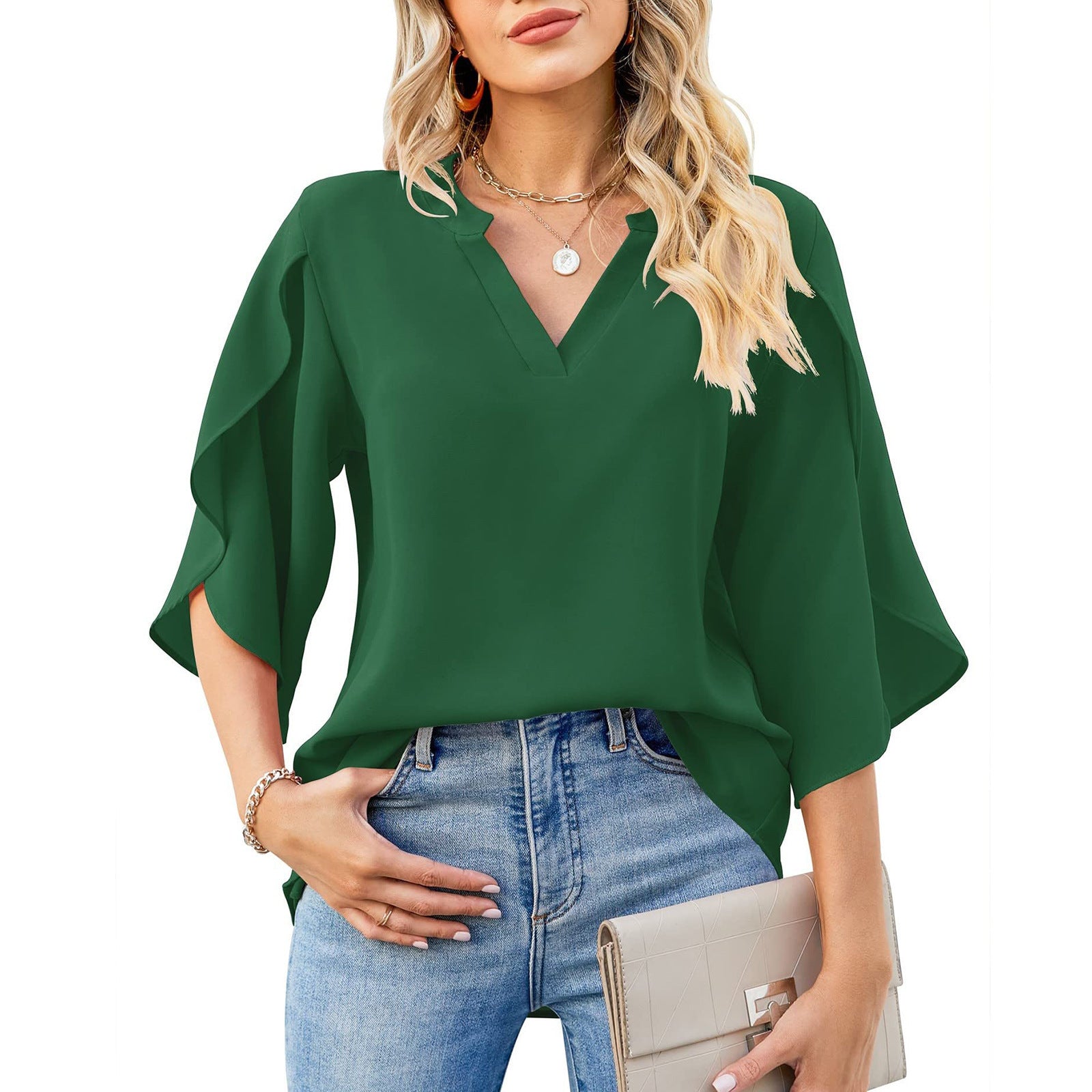 Summer New Women's Fashion Petal Sleeve Top Loose V-neck Chiffon Shirt