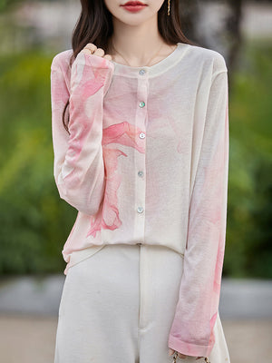Wool Round Neck Knitted Cardigan Thin