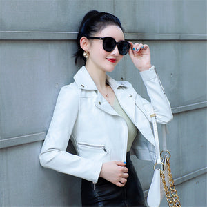 Motorcycle Leather Women's Short Slim Fit Plus Size Washed Leather Jacket