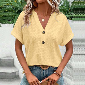 Women's Casual V-Neck Blouse Short Sleeve Loose Fit Button Front Solid Color Top