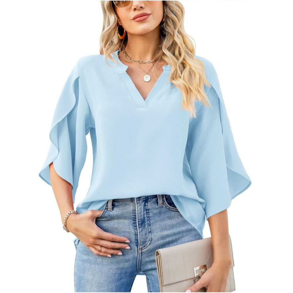 Summer New Women's Fashion Petal Sleeve Top Loose V-neck Chiffon Shirt