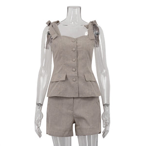 Cotton Bow Suspenders Vest Loose Shorts Two-piece Set