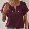 Women's V-Neck Zipper Top Solid Color Short Sleeve Blouse