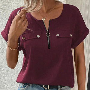 Women's V-Neck Zipper Top Solid Color Short Sleeve Blouse