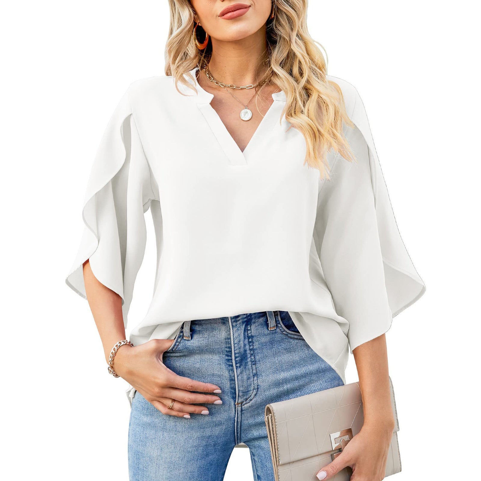 Summer New Women's Fashion Petal Sleeve Top Loose V-neck Chiffon Shirt