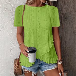 Women's Ruffle Hem Short Sleeve T-Shirt Casual Summer Crew Neck Blouses Top