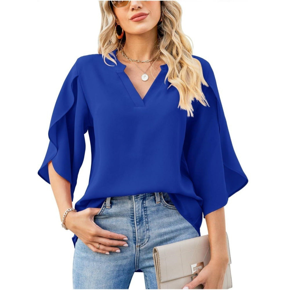 Summer New Women's Fashion Petal Sleeve Top Loose V-neck Chiffon Shirt