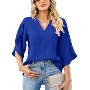 Summer New Women's Fashion Petal Sleeve Top Loose V-neck Chiffon Shirt