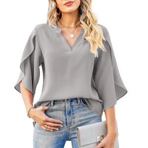 Summer New Women's Fashion Petal Sleeve Top Loose V-neck Chiffon Shirt