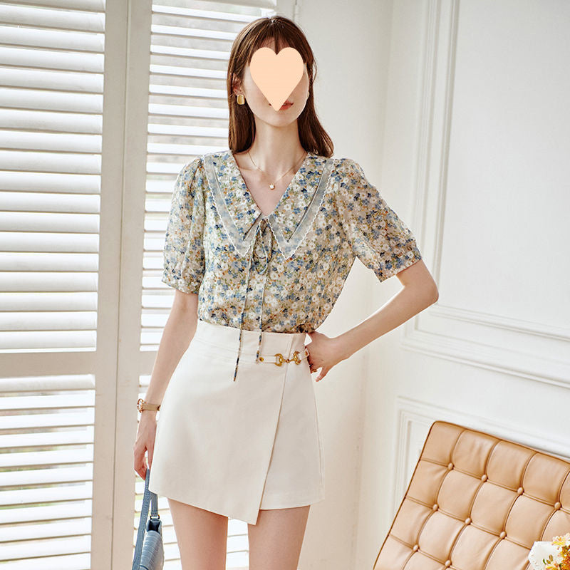 New Short Sleeve Elegant Slimming French Collar Design Floral Chiffon Shirt