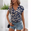 Women's Leopard Print Bat Shoulder Sleeve Printing V-neck Casual T-shirt