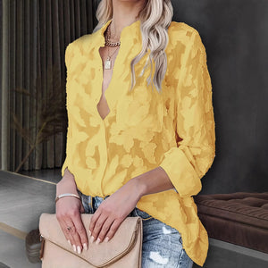 Women's Solid Color Single-breasted Lapel V-neck Jacquard Long-sleeved Shirt