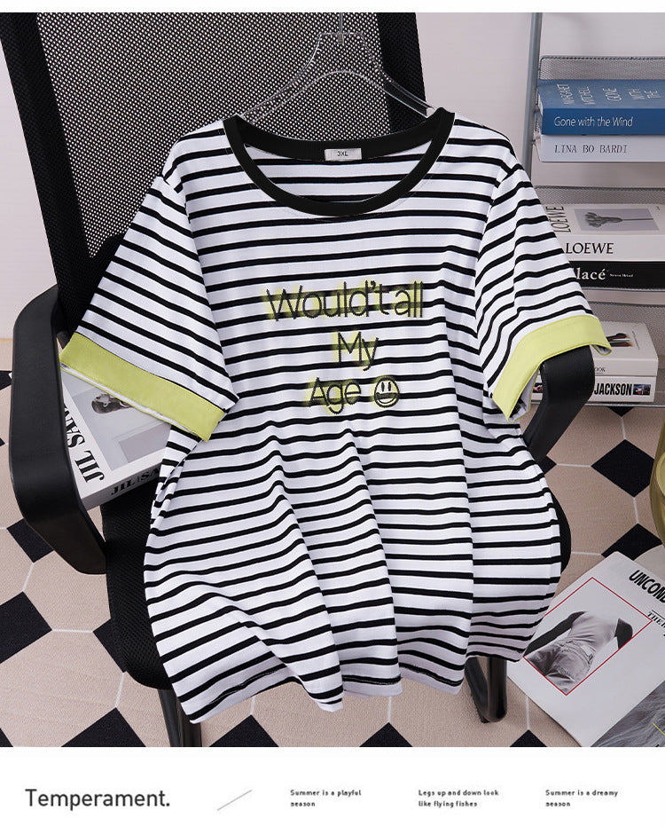 Color Matching Short-sleeved T-shirt Slimming Round Neck