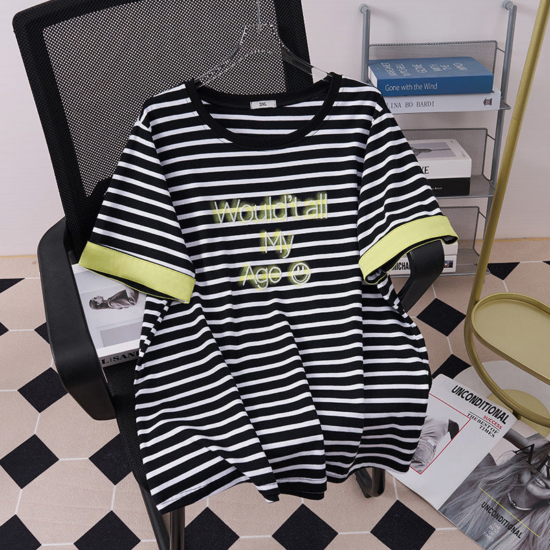 Color Matching Short-sleeved T-shirt Slimming Round Neck