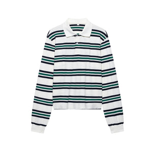 Spring New Women's Fashion Striped Polo Retro Long Sleeve Contrast Color Top