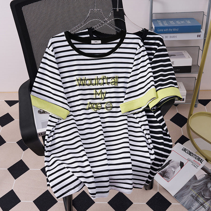 Color Matching Short-sleeved T-shirt Slimming Round Neck