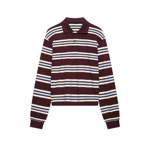 Spring New Women's Fashion Striped Polo Retro Long Sleeve Contrast Color Top