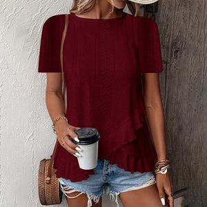 Women's Ruffle Hem Short Sleeve T-Shirt Casual Summer Crew Neck Blouses Top