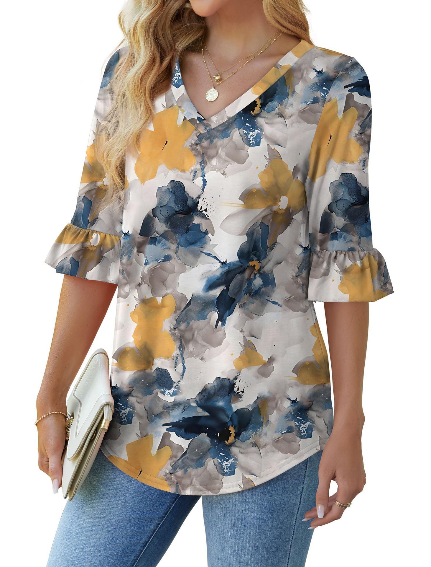 Printed Shirt V-neck Floral Flared Half Sleeve Top