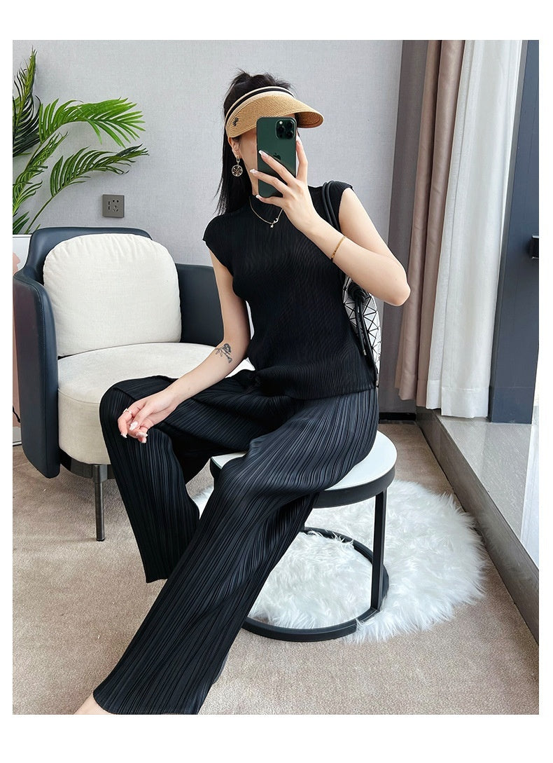 Pleated Summer Clothes Two-piece Suit Top Wide Leg Pants Suit Women