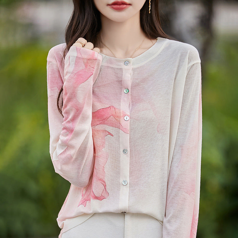 Wool Round Neck Knitted Cardigan Thin