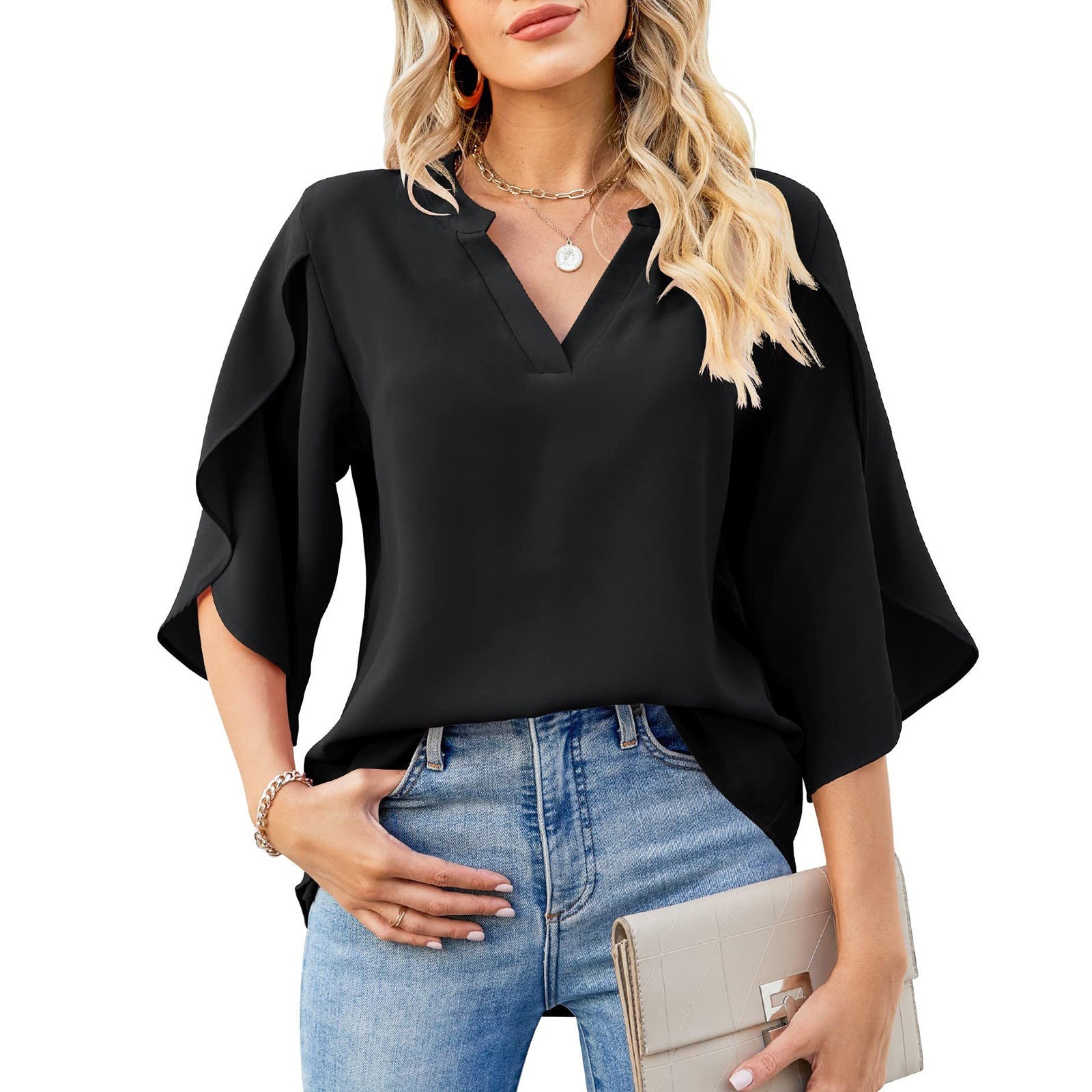 Summer New Women's Fashion Petal Sleeve Top Loose V-neck Chiffon Shirt
