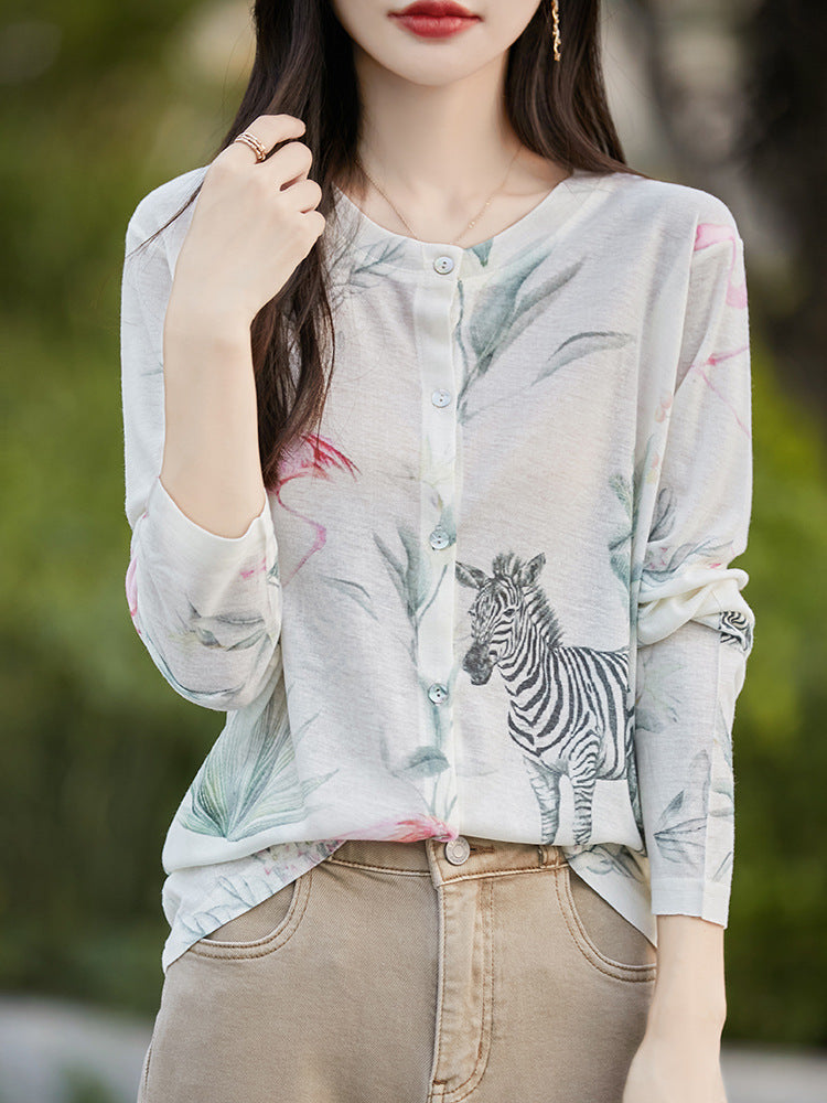 Wool Round Neck Knitted Cardigan Thin
