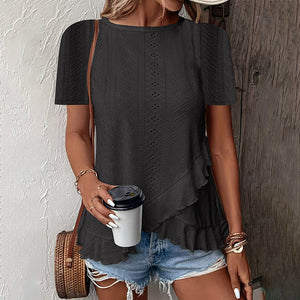 Women's Ruffle Hem Short Sleeve T-Shirt Casual Summer Crew Neck Blouses Top