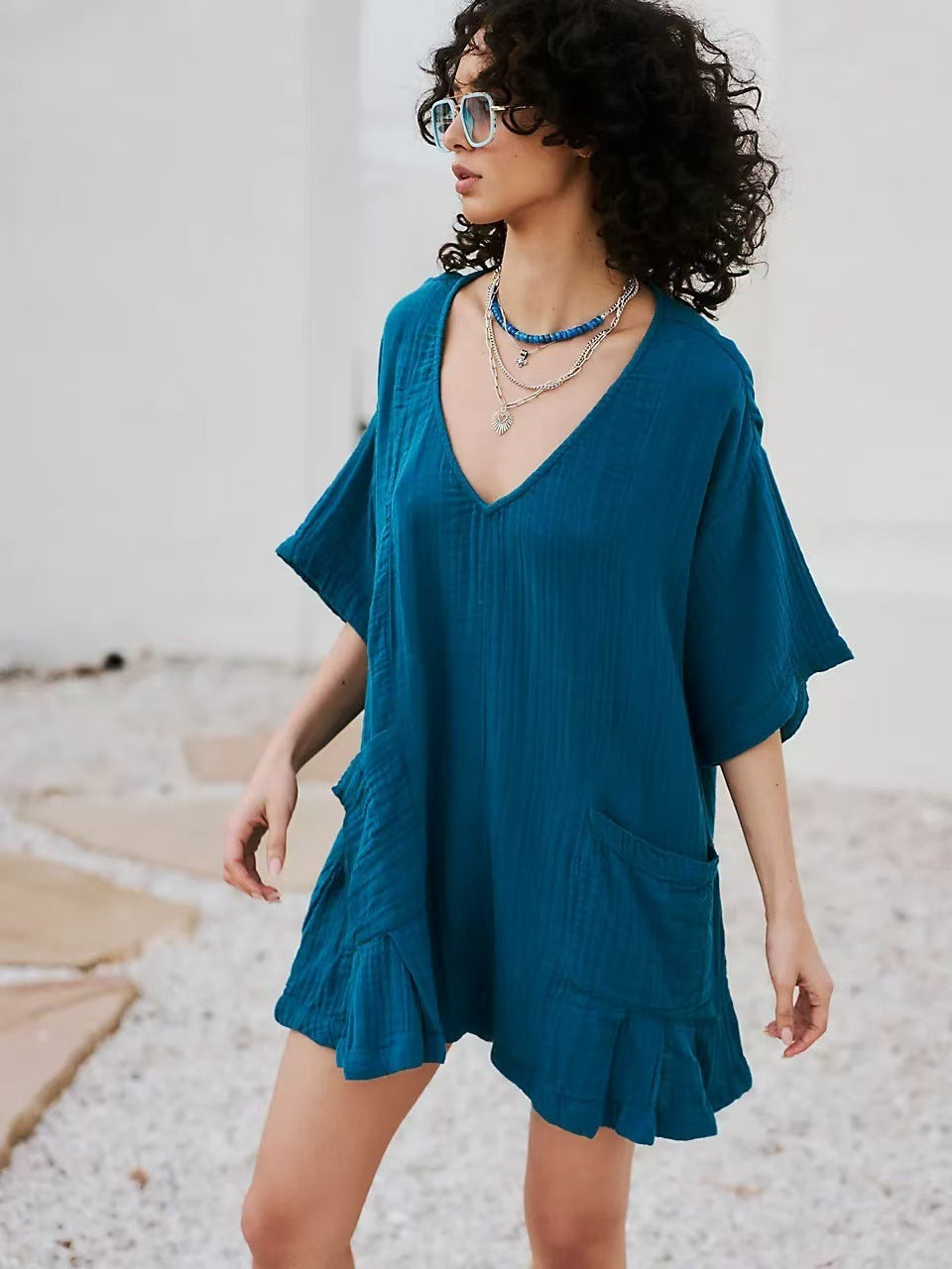 New Slub Cotton Ruffled V-neck Pocket Beach Sun Protection Blouse For Women