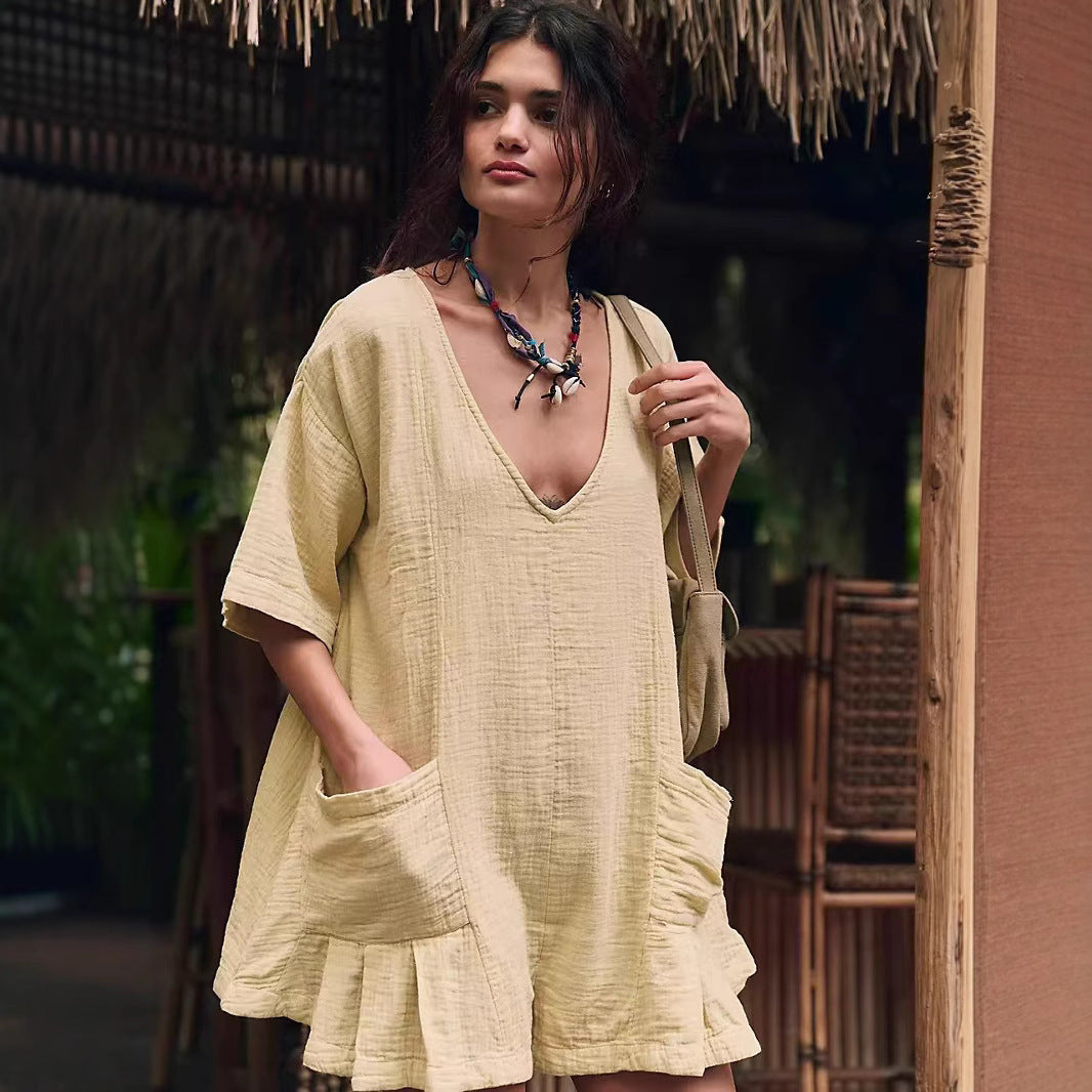 New Slub Cotton Ruffled V-neck Pocket Beach Sun Protection Blouse For Women