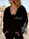 Letter Print Zipper Dual Pockets Hoodie