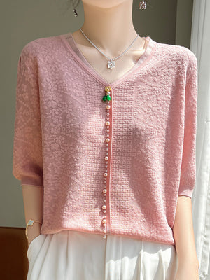 Women's V-neck Tencel Sweater With Short Sleeves