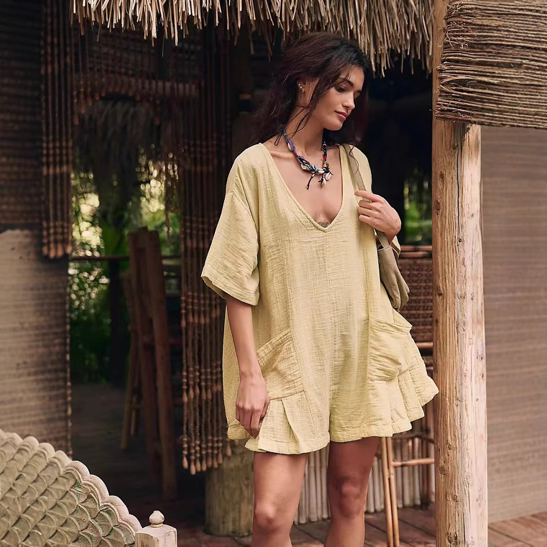 New Slub Cotton Ruffled V-neck Pocket Beach Sun Protection Blouse For Women