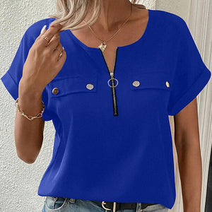 Women's V-Neck Zipper Top Solid Color Short Sleeve Blouse