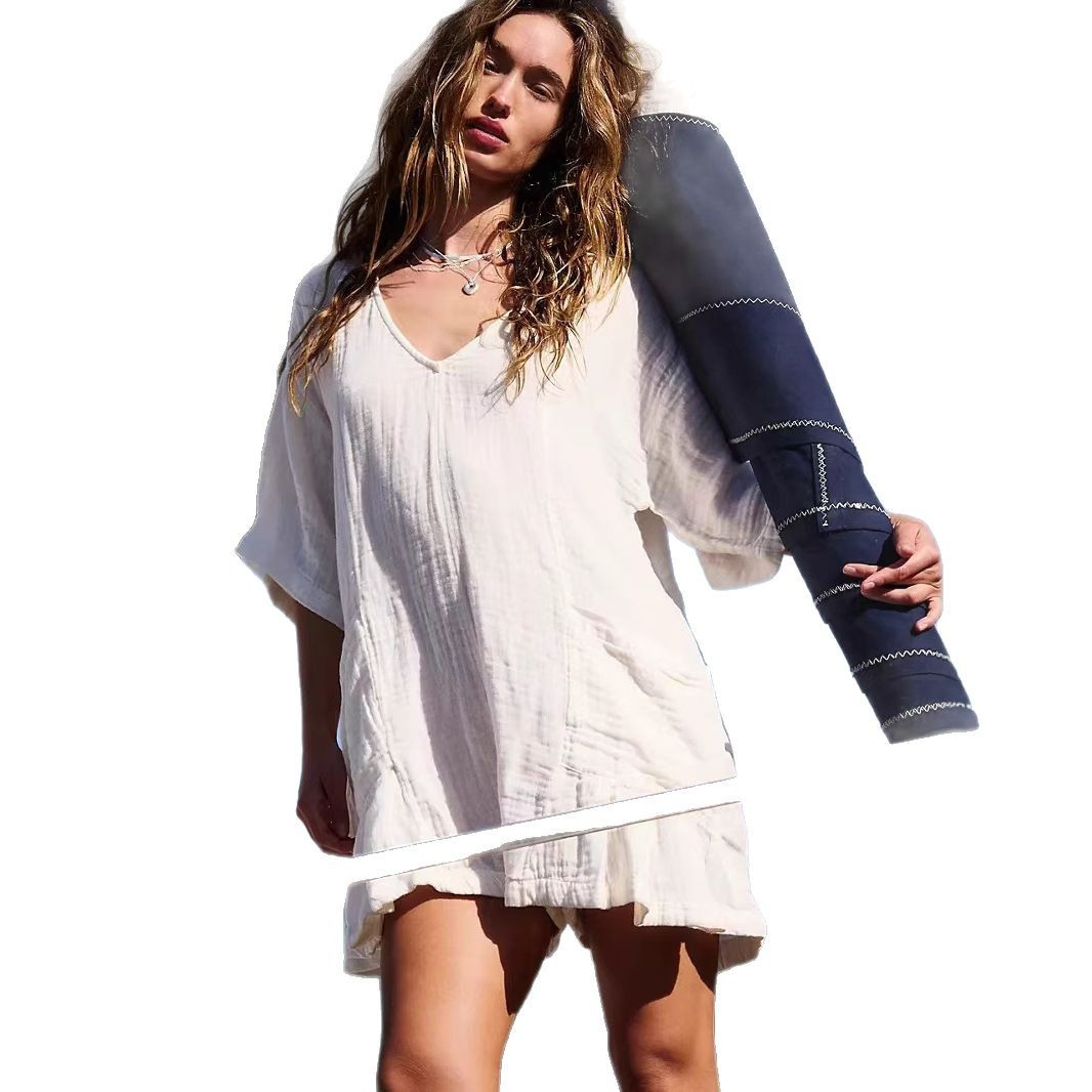 New Slub Cotton Ruffled V-neck Pocket Beach Sun Protection Blouse For Women